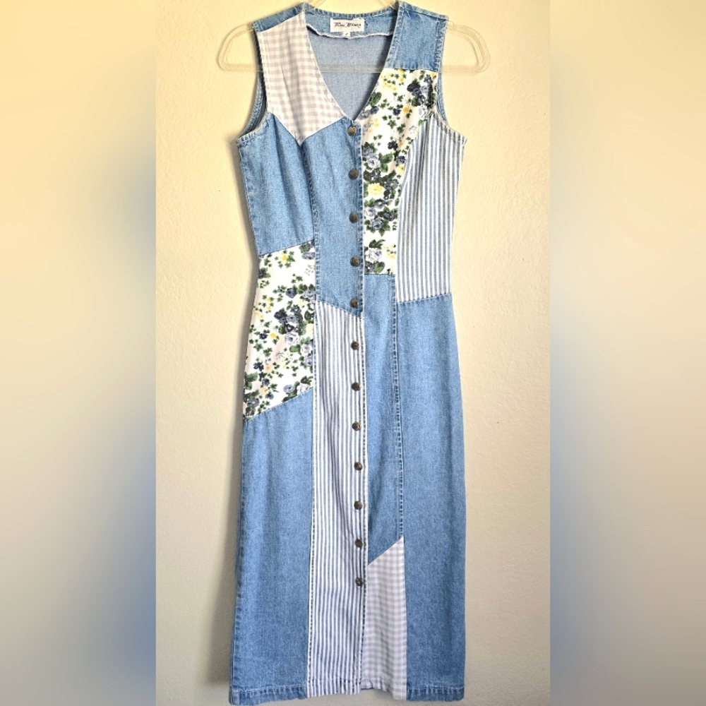 Vintage Denim Patchwork Maxi Dress with Floral & Stripes - Picture 12 of 12